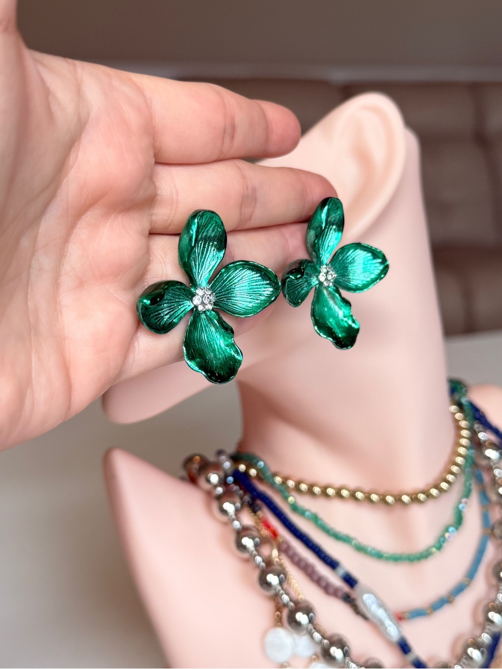 Green Petal Flower Earrings - Picture 11 of 11